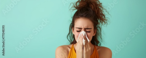 Woman blowing her nose with a tissue, she appears sick; suitable for healthcare or seasonal allergy awareness.