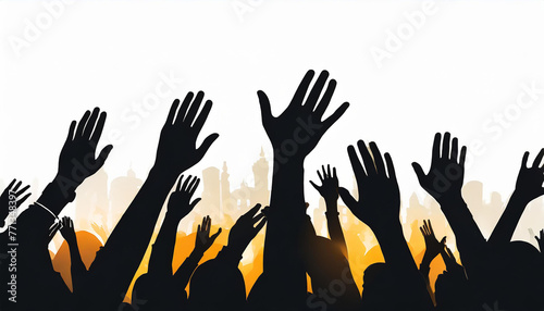 Silhouette of crowd fans cheering at concert or sport event on white background. Audience with raised hands enjoying music festival or football, soccer, basketball match. Nightlife, entertainment
