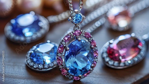 A collection of gemstones and a blue and pink pendant. The pendant is the largest and is surrounded by smaller stones