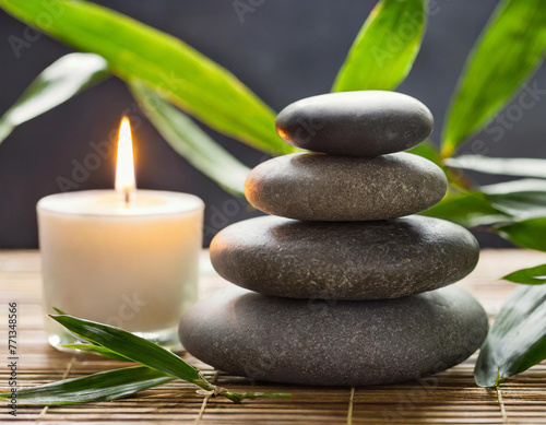 Still life spa setting featuring stacked stones  a burning candle  and bamboo leaves