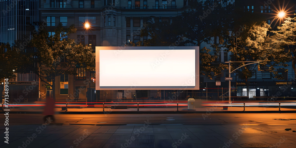 A large blank billboard in the center of an empty city square at night, illuminated by soft white light. Minimalist and modern atmosphere blank white advertising billboard mockup. A large blank billboard in the center of an empty city square at night, illuminated by soft white light. Minimalist and modern atmosphere blank white advertising billboard mockup.