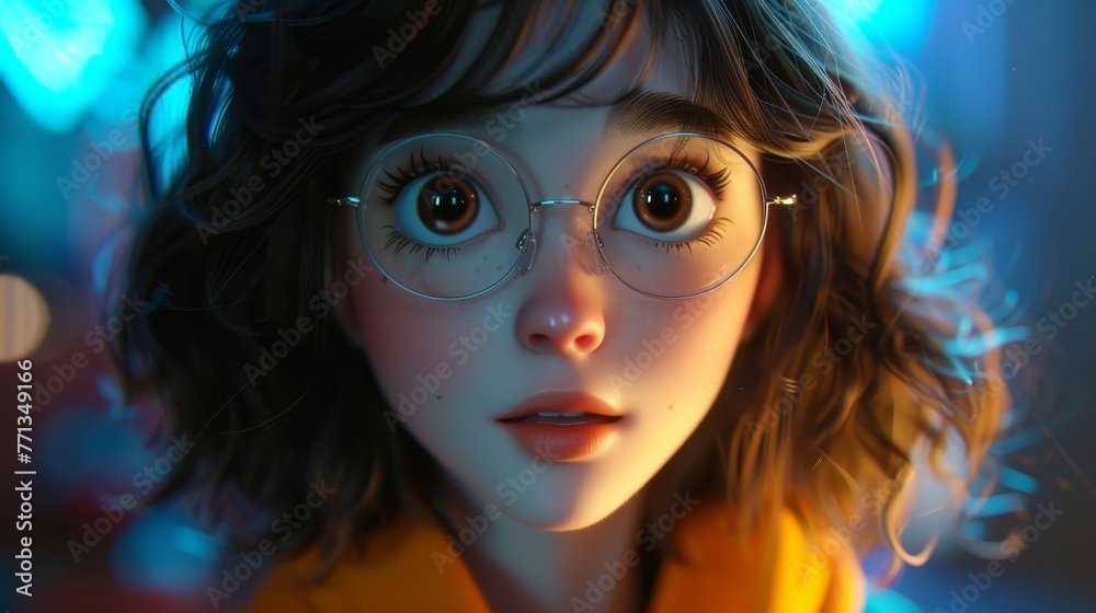 A girl with glasses is staring at the camera. The image has a bright and cheerful mood, as the girl's smile and the yellow jacket she is wearing add to the overall positive atmosphere