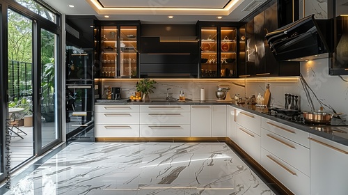 An elegant black-and-white kitchen with golden fixtures and marble tiles. Generative AI. photo