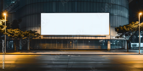 A large blank billboard in the center of an empty city square at night, illuminated by soft white light. Minimalist and modern atmosphere blank white advertising billboard mockup.  photo