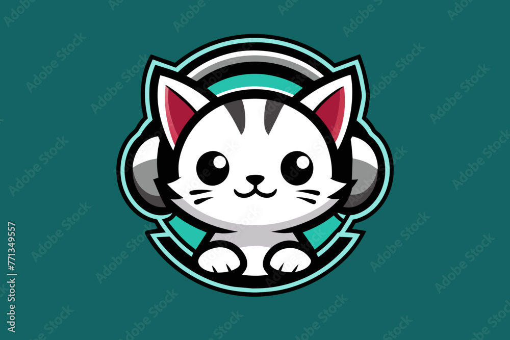 Fototapeta premium Gaming logo, a gamer cute cat in the middle with headphones