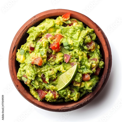 Bowl of homemade guacamole isolated on white background, space for captions, png
