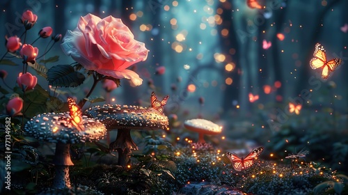 Fantasy Magical Mushrooms and Butterflies in enchanted Fairy Tale dreamy elf Forest with fabulous fairytale blooming pink Rose Flower on mysterious nature background and shiny shining moonlight