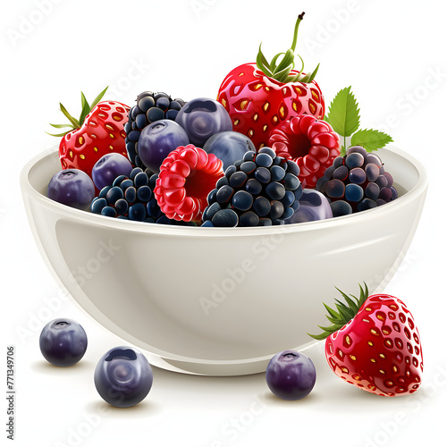 Bowl of fresh berries isolated on white background, realistic, png
 photo