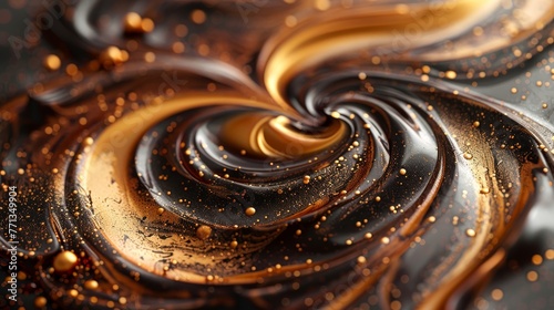 A swirl of chocolate with gold dust sprinkled on top. The swirl is very intricate and has a lot of detail. The gold dust adds a touch of elegance and luxury to the chocolate