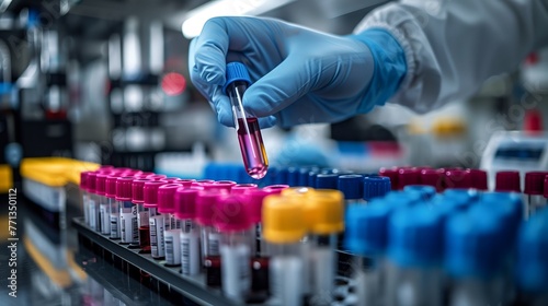 Laboratory Technician Analyzing Blood Samples. Lab technician with blue gloves examines a blood sample, highlighting the process of medical analysis in a laboratory setting. photo