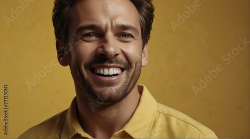 young british middle aged man on plain bright yellow background laughing hysterically looking at camera background banner template ad marketing concept from Generative AI