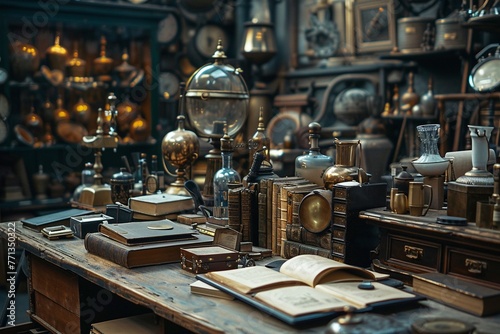 Prop masters collection, wide view, treasure of details for a rich industry background , cinematic photo