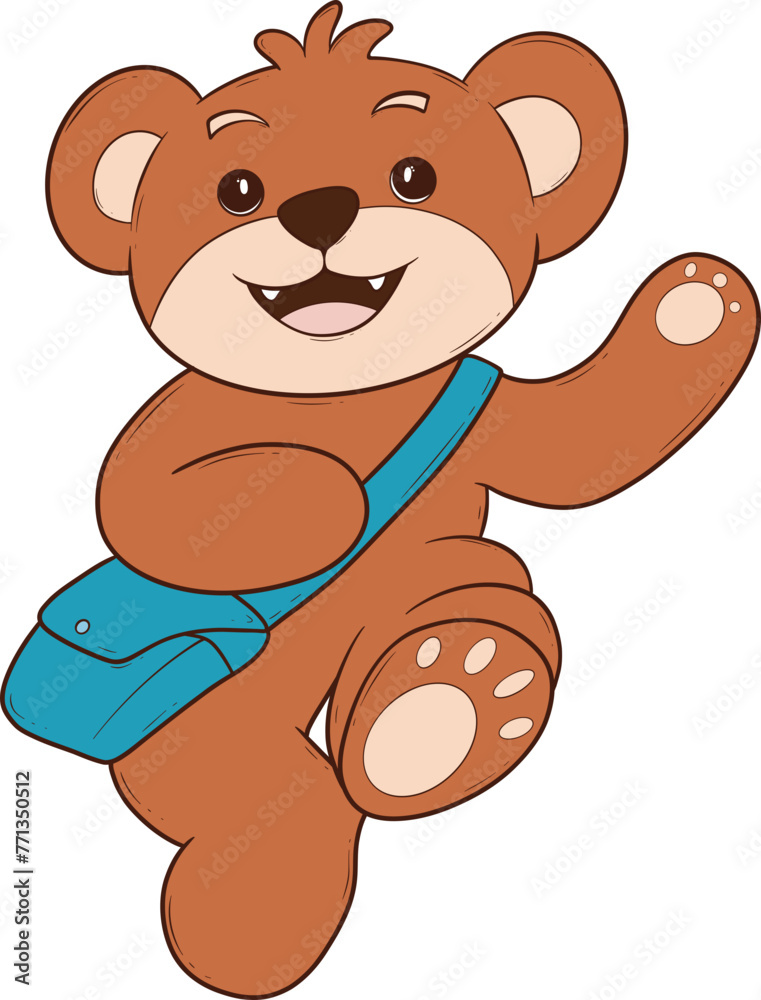 Obraz premium Cartoon of a cheerful brown bear with a blue satchel