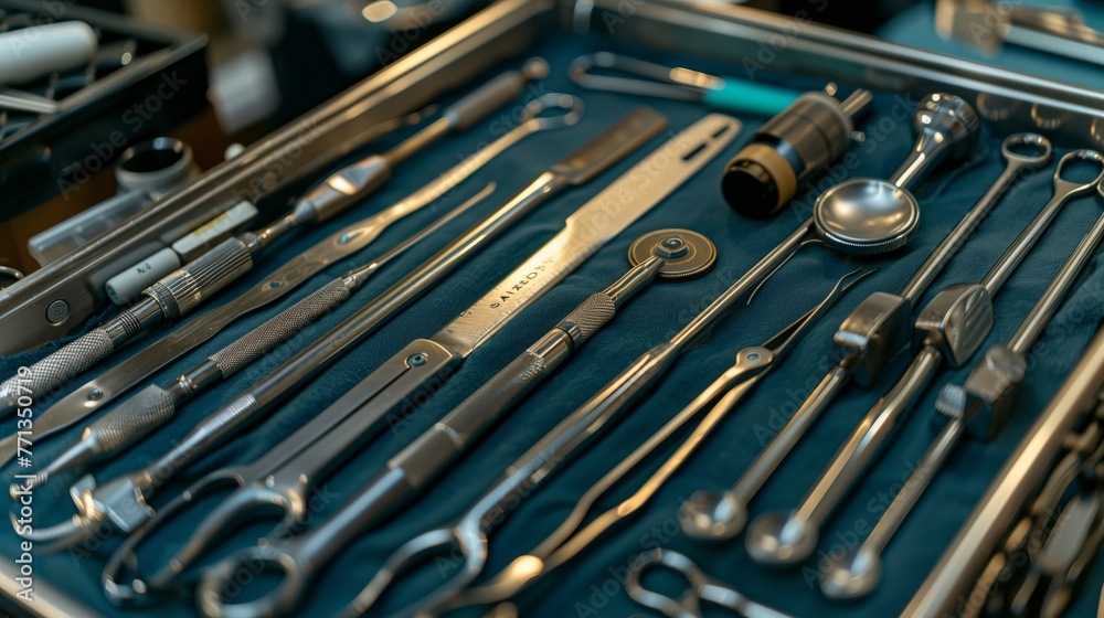 Fototapeta premium Surgical Instruments in Sterile Setting. Variety of surgical tools neatly arranged in a surgical tray, ready for a medical procedure.