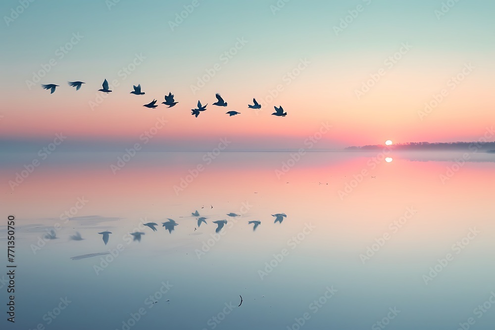 /imagine: A flock of birds taking off in unison from a calm, serene lake, with their reflection shimmering in the water, at dawn