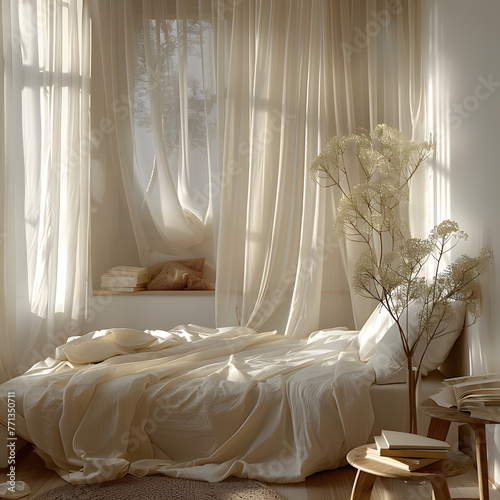 A peaceful bedroom scene at dawn, with soft morning light streaming through sheer curtains isolated on white background, minimalism, png
