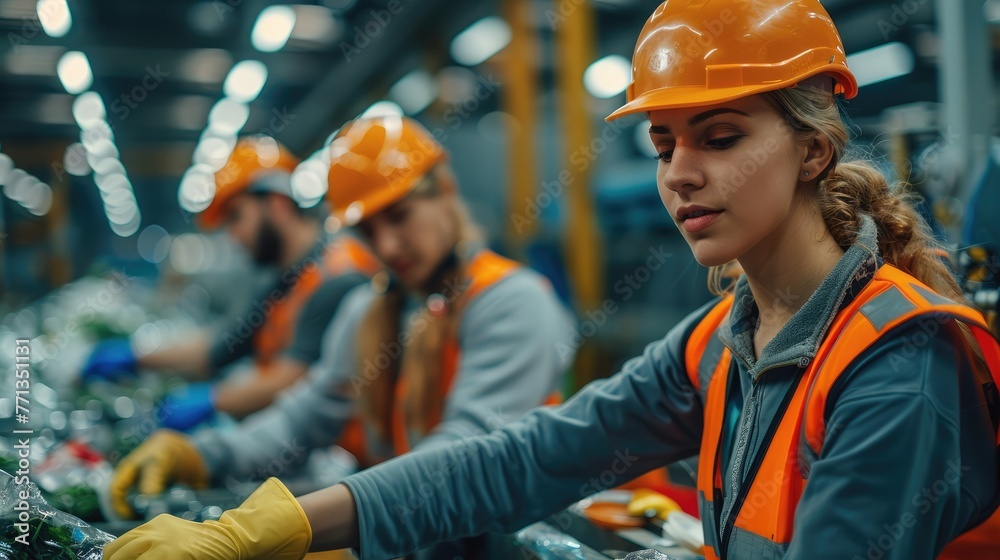 Workers in protective gloves and safety vests taking plastic containers