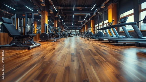 Modern Gym Interior with Fitness Equipment. Empty modern gym interior equipped with various fitness machines ready for training.