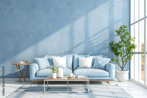 Modern Scandinavian Sky Blue Minimalist style loft interior and living room Color Therapy.