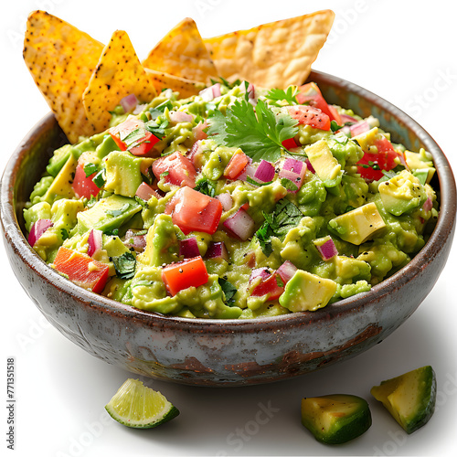 Bowl of homemade guacamole isolated on white background, studio photography, png
