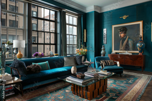 Modern Scandinavian Teal Art Deco style apartment interior and living room Functional Minimalism.