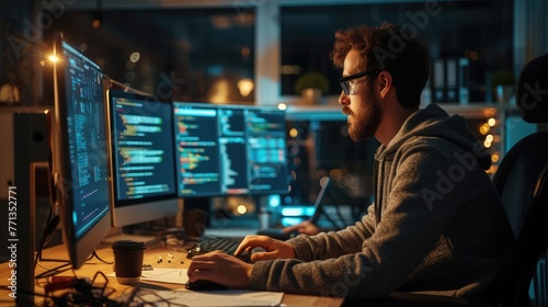 A software developer works on code late into the night, illuminated by the glow of multiple computer screens in a modern office. AIG41 © Summit Art Creations
