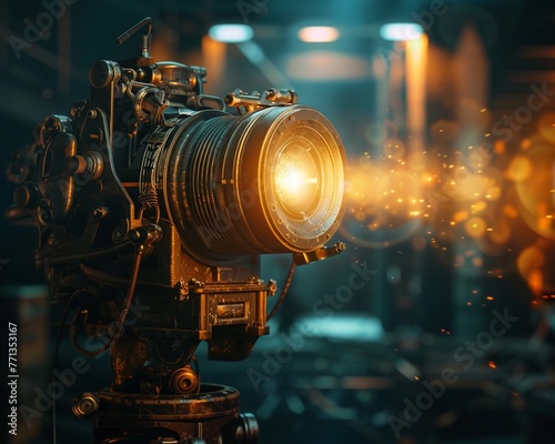 Vintage projector light, closeup, nostalgia for a classic film industry background , octane render