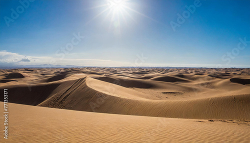 A vast desert expanse with rolling dunes under a sunny sky