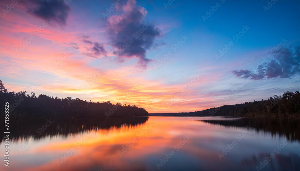 A vibrant sunset paints the sky over a serene lake