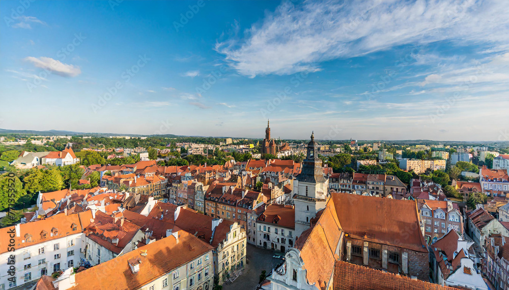 Aerial panoramic view of historical buildings and roofs in Polish medieval town
