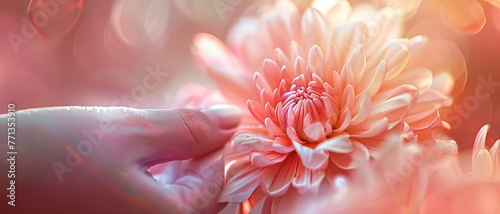A digital artwork capturing the gentle touch of fingertips on a delicate flower , stock photographic, no contrast, clean sharp focus photo