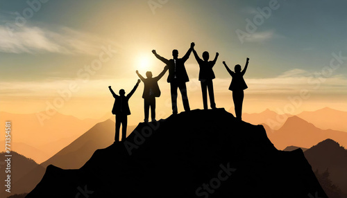 Silhouette of business team stand and feel happy on the most hight at the mountain on sunset, success, leader, teamwork, target, Aim, confident, achievement, goal, on plan, finish