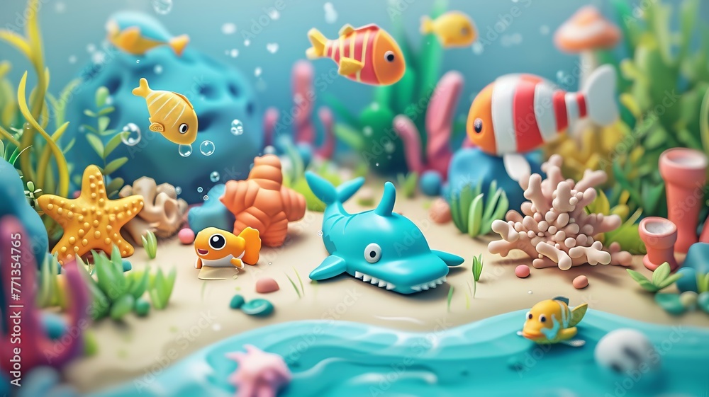 Transform your banner ad with an isometric illustration of a cute underwater scene filled with adorable creatures , 3D render, no contrast, clean sharp focus