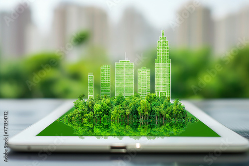 Tablet computer screen and city skyscrapers background graph vector graphics