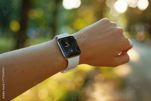 A wrist wearing smartwatch displaying a white mockup screen during a morning jog in the park photo