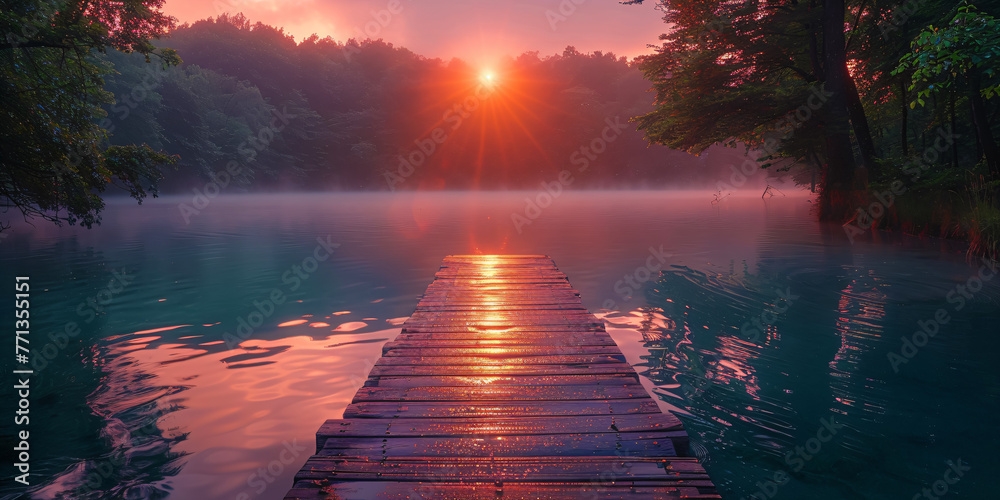 Fototapeta premium calming moment in a lake sunrise landscape with wooden pier