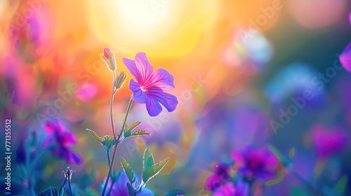 Soft focus and blurred purple flower on sunset background. Shallow depth of field. ,Generative ai, © curek