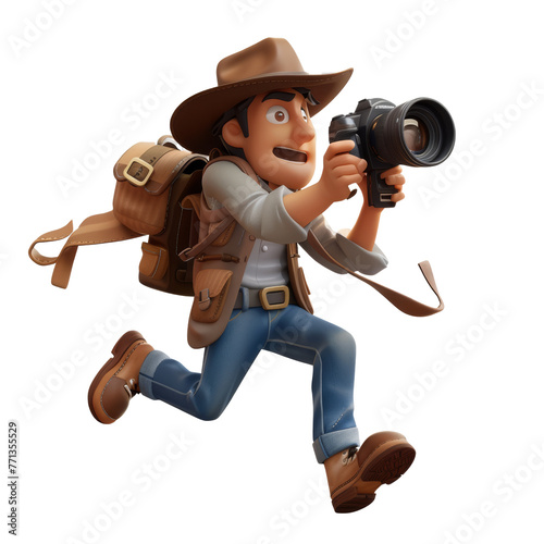 Photographer or reporter character running in hurry on PNG transparent background photo
