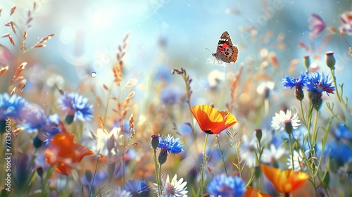 wild flower blooming field of cornflowers and daisies flowers ,poppy flowers, blue sunny sky ,butterfly and bee on flowers summer landscap  photo