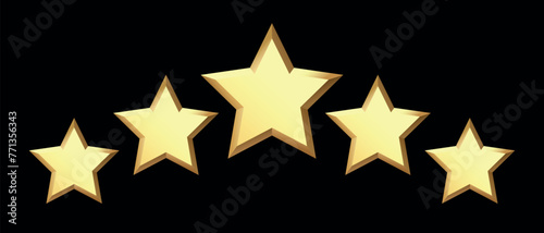 Five golden stars isolated on black background. Rating stars icon. Vector illustration. black background