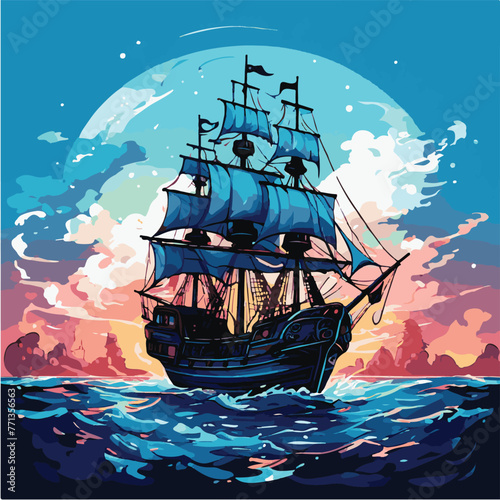 Adobe Illustrator Artwork Of a Pirates Ship In The Ocean For T Shirt Design