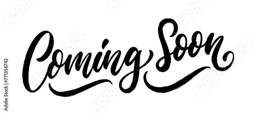 Coming soon, hand drawn lettering. Vector handwritten calligraphy text design isolated on white background.