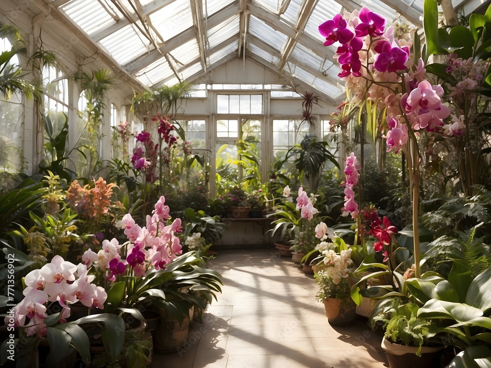 A sunlit greenhouse filled with exotic orchids, each bloom competing with its unique perfume, surrounded by lush foliage, generative AI