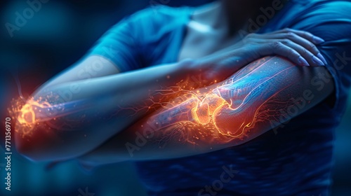 Joint diseases such as head of radius, olecranon, lateral epicondyle, depicting a woman experiencing elbow pain, emphasizing health issues photo