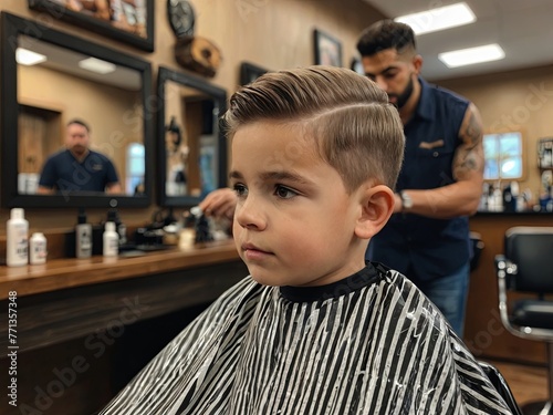 little boy at the barbershop getting his hair done