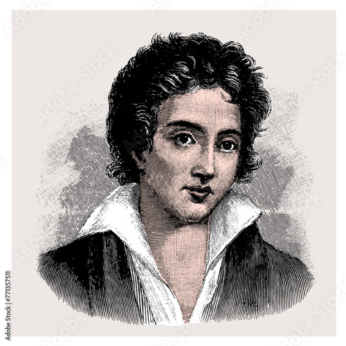Percy Bysshe Shelley, famous British writer, colored vectored illustration from old engraving from 19th century © Zlatko Guzmic