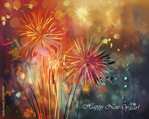 Inscription  2025  and  Happy New Year  . Bengal lights on the seashore. Incredible fireworks. New Year. Postcard. Greeting.