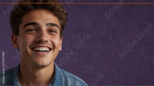 young italian teenage boy on plain bright purple background laughing hysterically looking at camera background banner template ad marketing concept from Generative AI