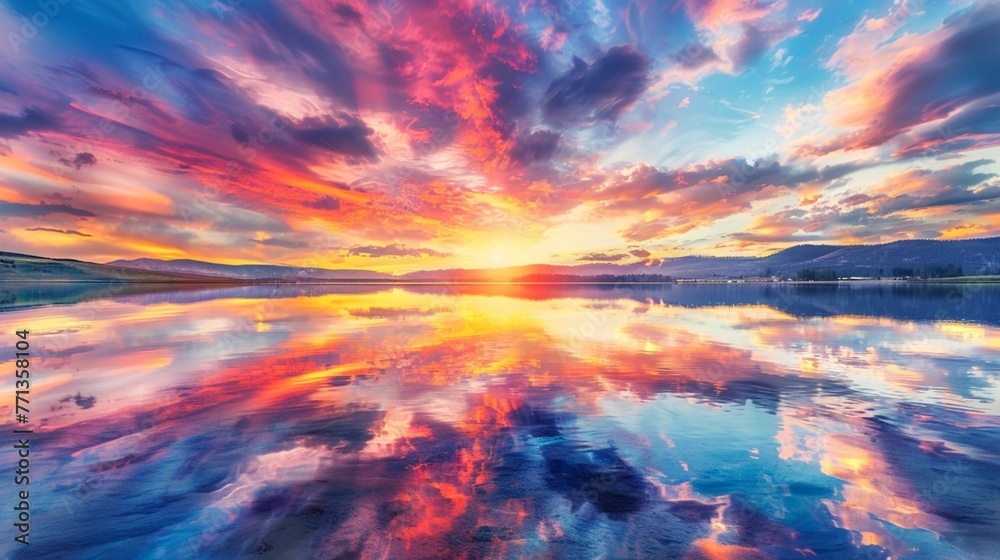 A tranquil lake reflecting the vibrant colors of a fiery sunset sky, creating a mesmerizing mirrored image.