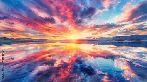 A tranquil lake reflecting the vibrant colors of a fiery sunset sky, creating a mesmerizing mirrored image. © Balqees